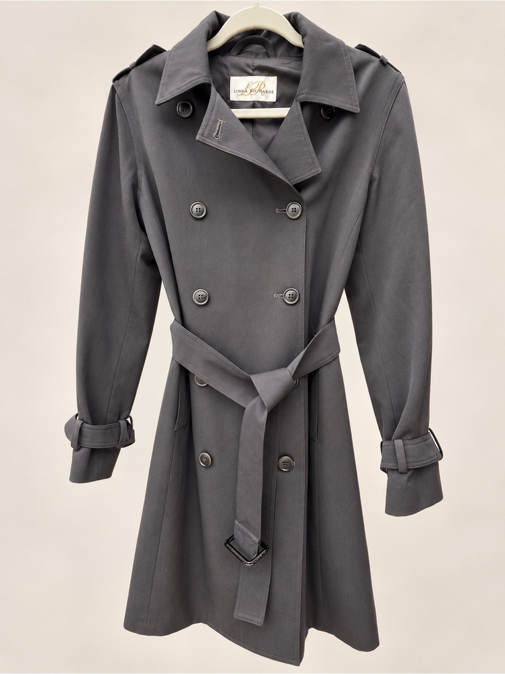 Linda Richards 100% Wool Charcoal Double Breasted Belted Trench Coat S